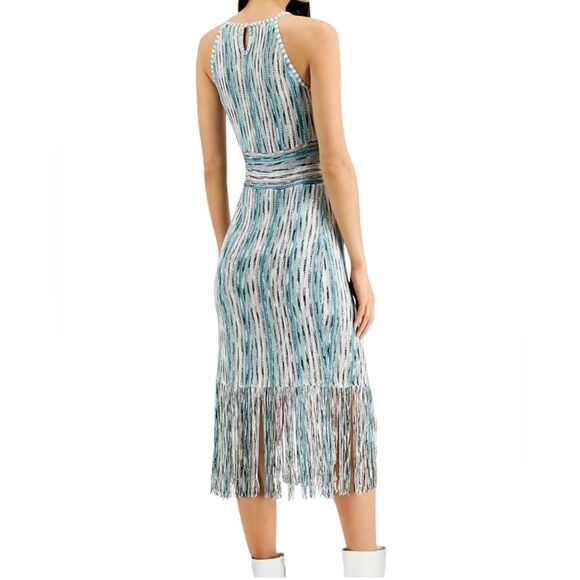 INC International Concepts fringe trim midi dress space dye black aqua white - Picture 2 of 16